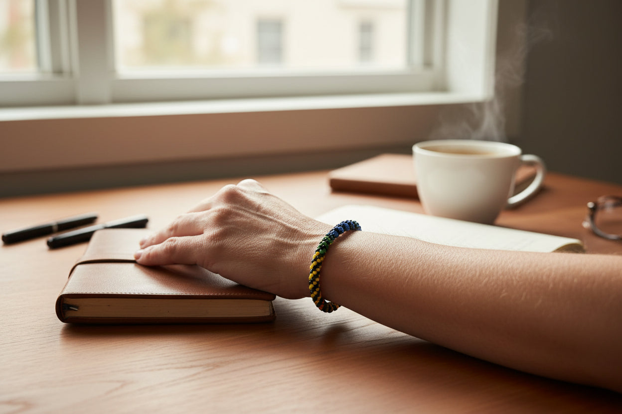 Rainbow Illusion Pride bracelet worn beside a leather notebook and coffee, highlighting its colorful Kumihimo beadwork for everyday wear.