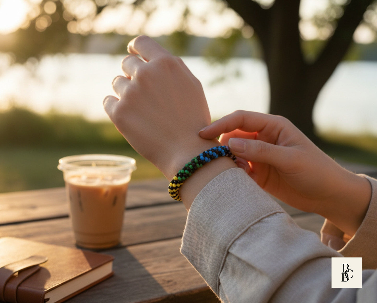 Rainbow Illusion Kumihimo bracelet worn at a sunlit park picnic table, with black seed beads and colorful rainbow accents in focus.