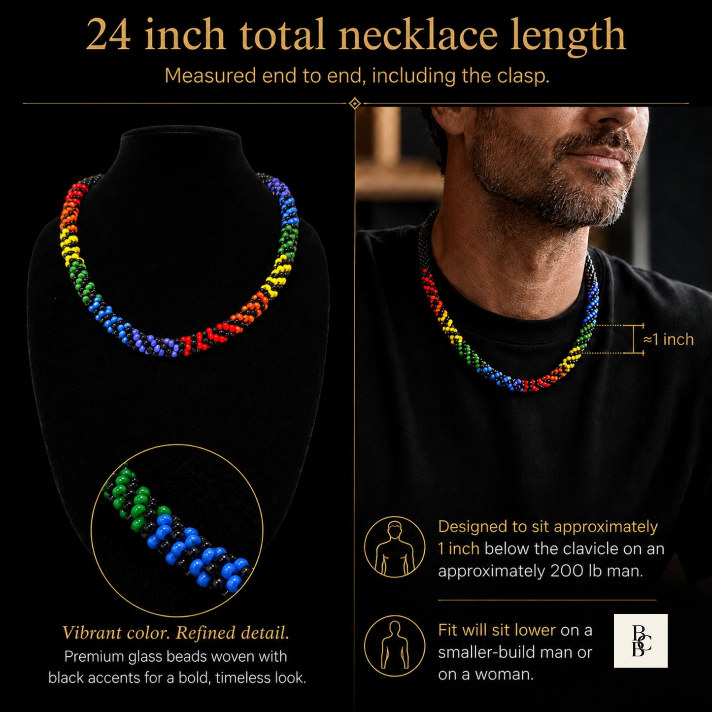 24-inch Rainbow Illusion Pride Kumihimo necklace fit guide, showing men’s/unisex length and handmade beaded details