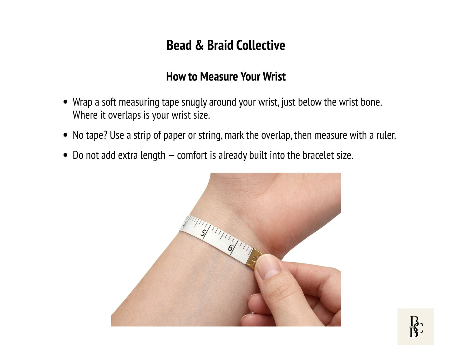 Wrist measurement guide showing how to use a soft tape, paper, or string to determine the correct custom bracelet size.